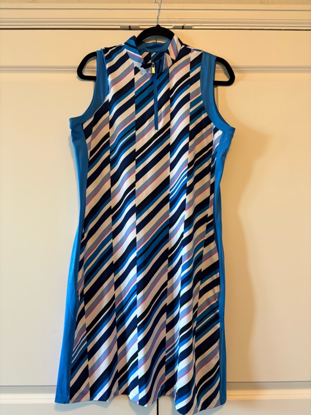 Tail Sleeveless Diagonal Stripe Mini Dress in Blue, White, Navy